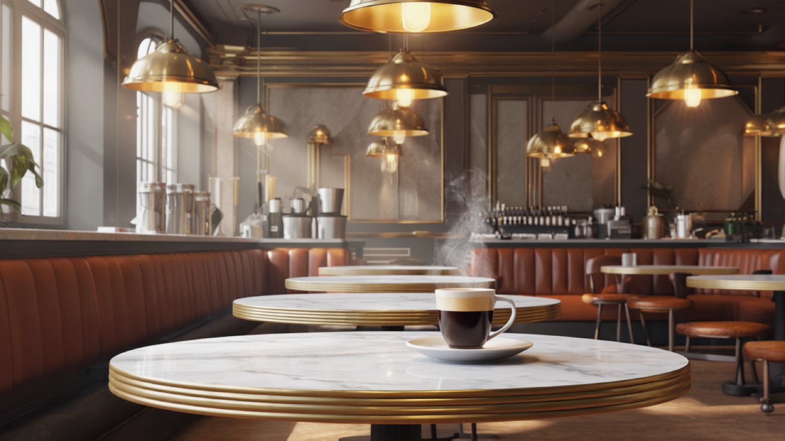 Gemütliches historisches Kaffeehaus-Interieur mit kleinen Marmortischen, warmen Hängelampen und einer einzelnen Espressotasse im goldenen Nachmittagslicht
