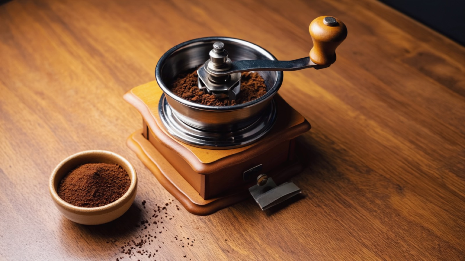 Eine Handkaffeemühle neben einem kleinen Häufchen frisch gemahlenen Kaffees auf einer warmen Holzfläche, Mahlwerk-Detail im seitlichen Licht