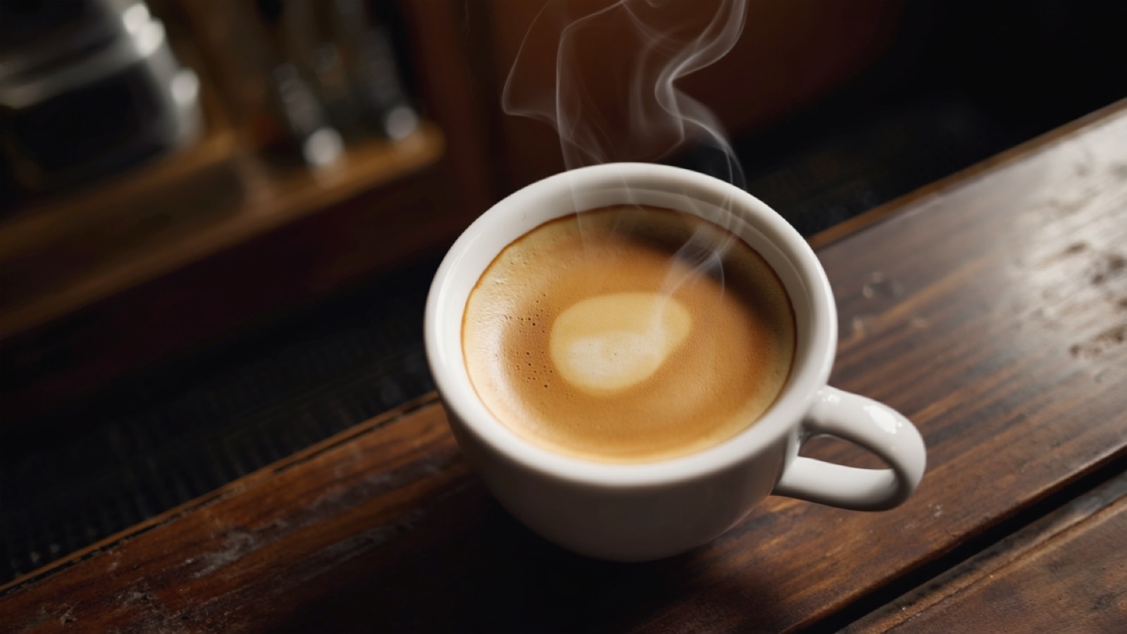 Ein frisch bezogener Espresso in einer kleinen Keramiktasse mit goldener Crema auf einer dunklen Holztheke, leichter Dampf im warmen Licht