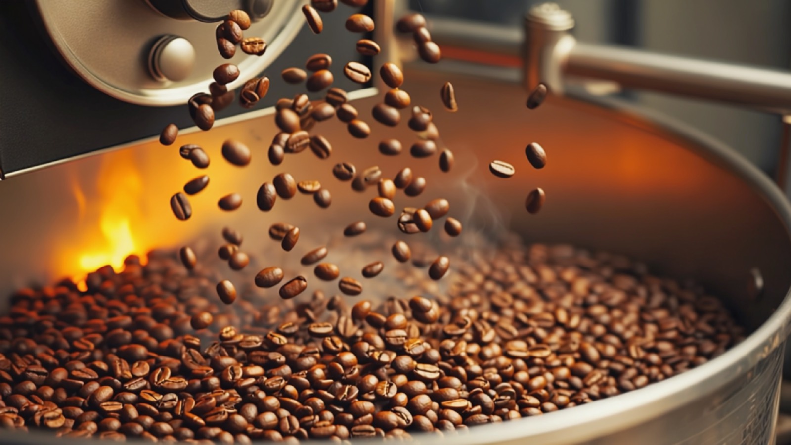Frisch geröstete mittel- und dunkelbraune Kaffeebohnen fallen aus der warmen Trommel eines Rösters, umgeben von leichtem Rauch im bernsteinfarbenen Licht