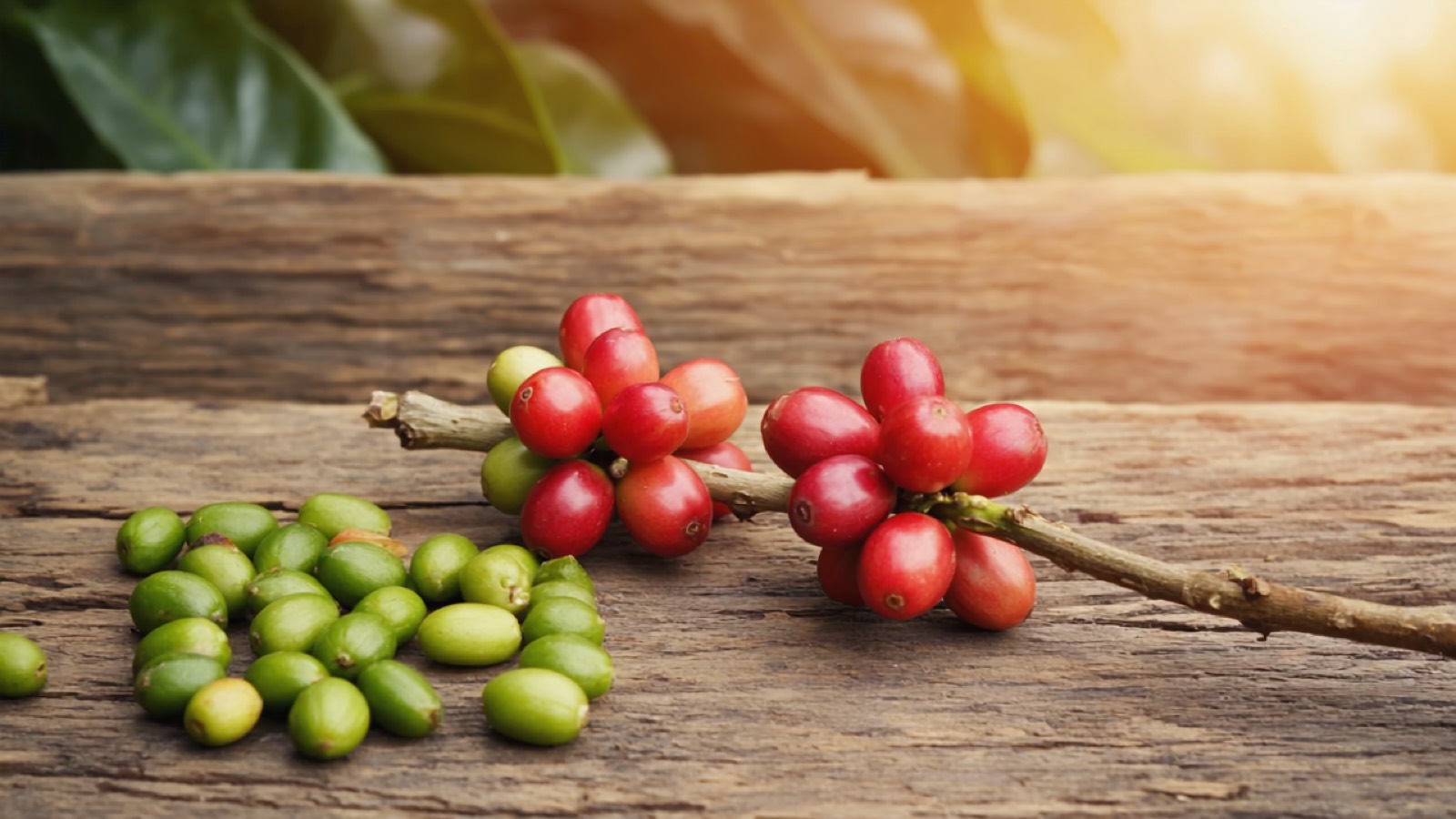 Reife rote Kaffeekirschen an einem Zweig neben rohen grünen Kaffeebohnen auf einem rustikalen Holztisch im warmen Morgenlicht